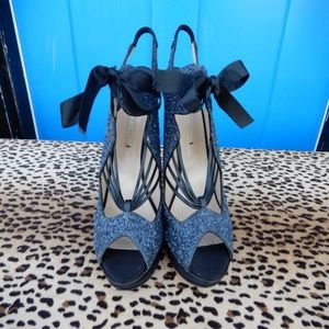 Nicholas Kirkwood Sz 38 Blue Glitter Lace Up Heels